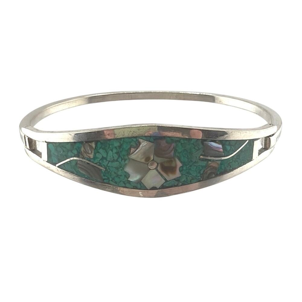 Vintage Alpaca Mexico Turquoise Abalone Floral Hinged Cuff